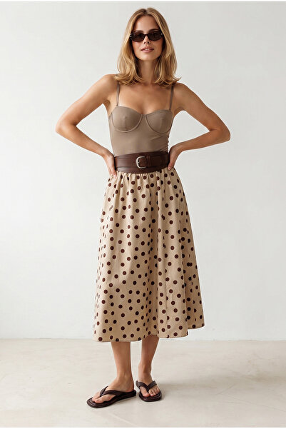 Olalook Women's Polka Dot Beige Elastic Waist Parachute Bell Skirt Etk-19000280