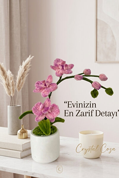 Crystal Coza El Yapımı Şönil Orkide - 26cm Premium Tasarım Saksıda Yapay Çiçe...
