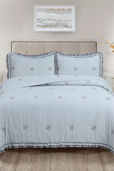Çeyiz Diyarı Bigo Embroidered Ruffled Double Bedspread Gray