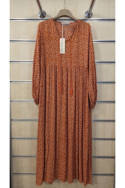 Park Moda Floral Pattern Long Dress 100% Viscose with Tassel Collar