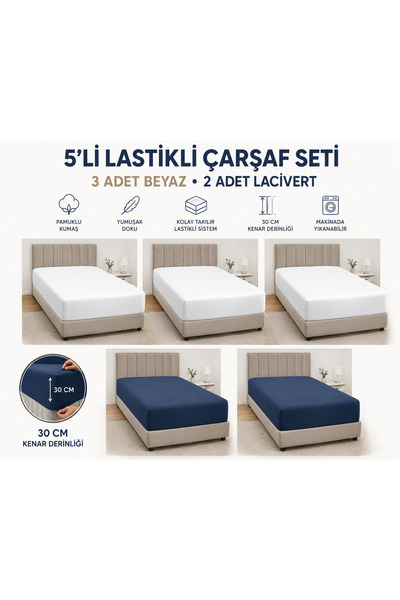 kalitem çarşafçı Lastikli Penye çarşaf Çift Kişilik 160x200 Avantaj Paketi 5'...