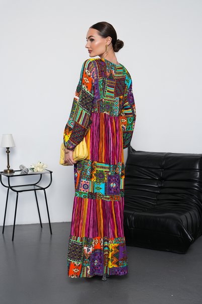 NAVY Full Length Patchwork Long Sleeve Dress