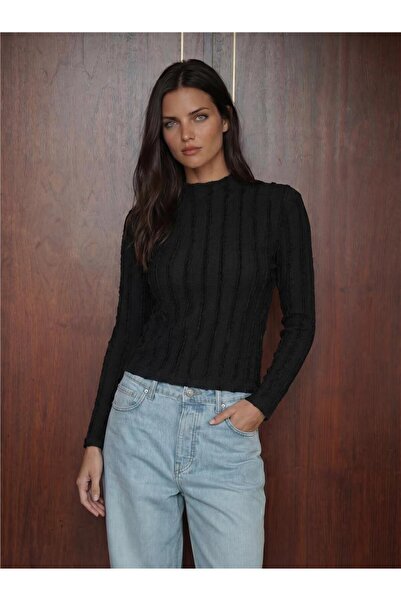 WeShaya Black Textured Stretchy Knitted Long Sleeve Slim Fit High Neck Blouse