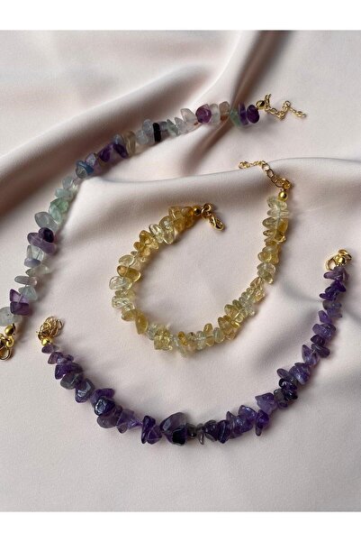 Zodyak Doğal Taş Amethyst, Citrine and Fluorite Broken Stone Bracelet Set (3 ...