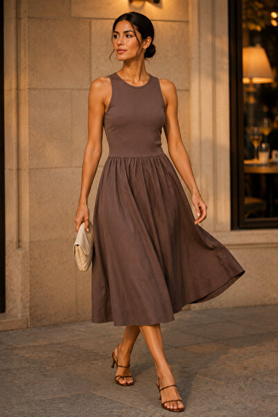 Polo State Brown Sleeveless Ribbed Top Gathered Waist Midi Dress