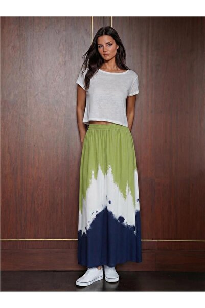 WeShaya Green Patterned Viscose Fabric Elastic Waist Straight Cut Long Skirt,...