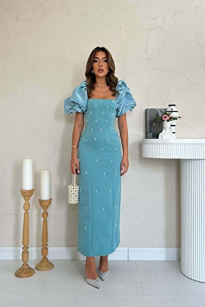 Caddebostan Moda Pearl Embellished Balloon Sleeve Square Neck Midi Length Eve...