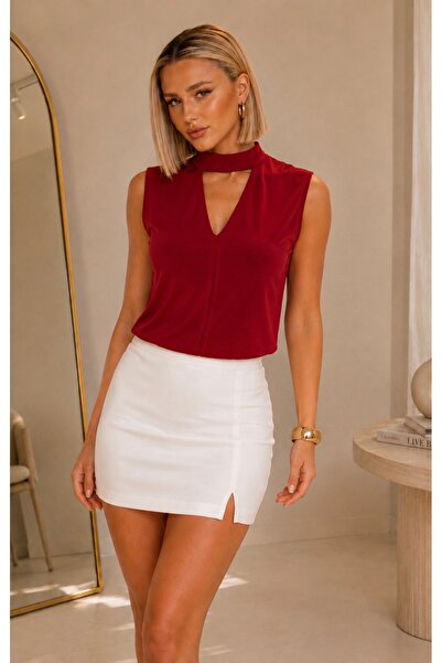 Be Best Women's Red Drop Collar Sleeveless Blouse Be409