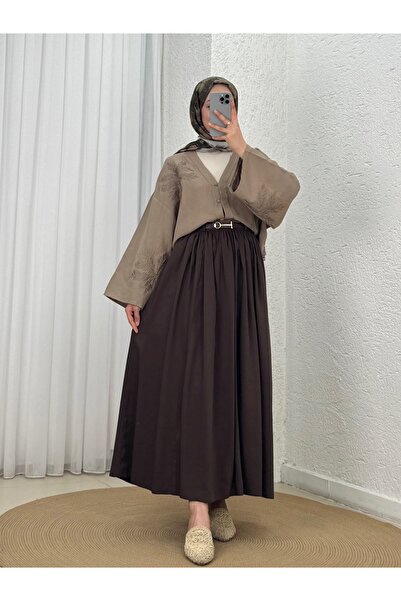 MİHRA STORE Seniha Gathered Double Pocket Belted Skirt-Pa203 Brown