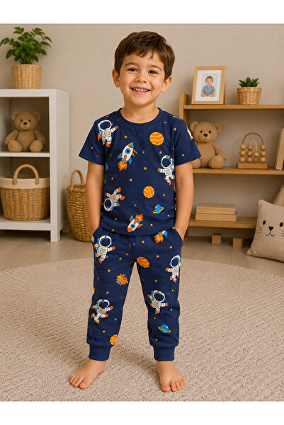Erkek Çocuk Uzay Desenli Pijama Takımı Pamuklu Lacivert