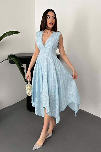 Caddebostan Moda Women's V-Neck, Waist-Tied, Embroidered, Asymmetrical Cut, M...