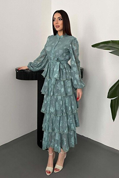 Caddebostan Moda Women's Embroidered Jacquard Fabric Layered Flounce Belted M...