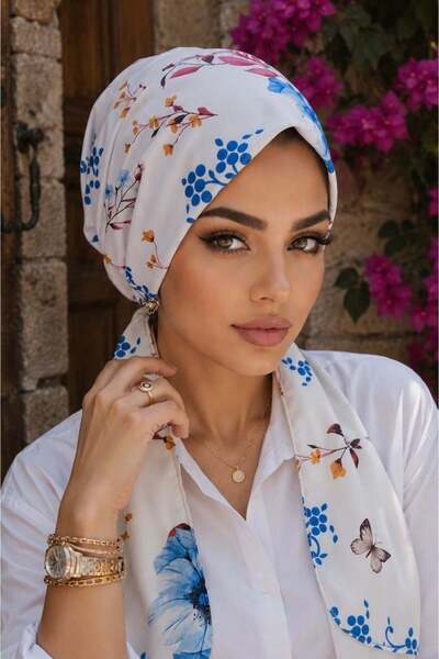 Aişe tesettür White Colorful Floral Scarf Bonnet