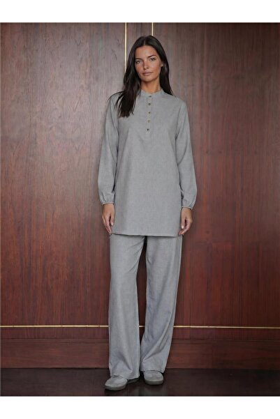 WeShaya Gray Viscose Linen Textured Long Sleeve Buttoned Tunic Straight-Leg P...