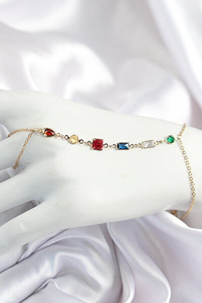 MEKs Brass Colorful Zircon Stone Y Model Gold Color Women's Şahmeran 5886 - H...