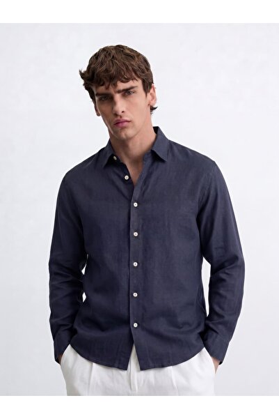 Atelier Old Money Lacivert Keten Gömlek SS7224