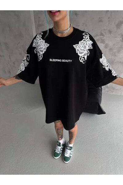 Efnaz style Unisex Flocked Embossed Printed T-Shirt - Black - m - Black