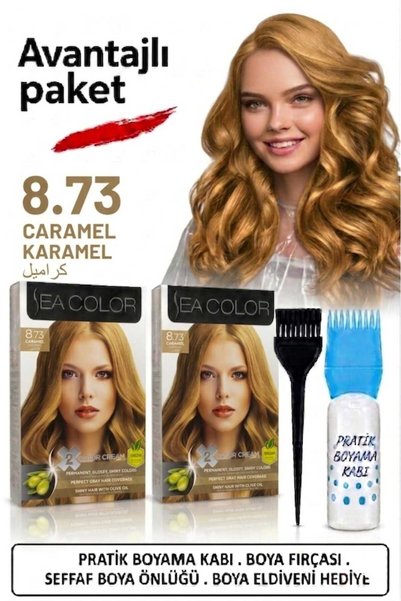 Sea Color Set Saç Boyası 8.73 Karamel 2 Li 2 Kutu+Pratik Boya Kabı