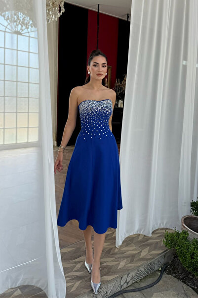 Sindimoda Sezay Taş İşleme Straplez Midi Elbise 1019
