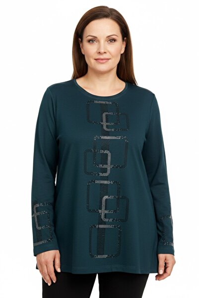 hadiora Women's Petrol Color Geometric Stone Patterned Combed Cotton Blouse