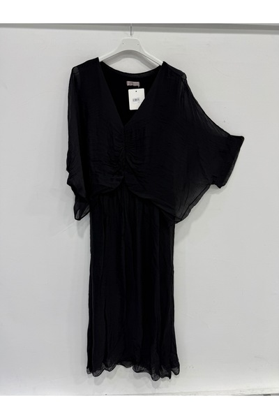 della moor Black Italian Front Gathered Short Sleeve Long Lined Silk Dress 38...