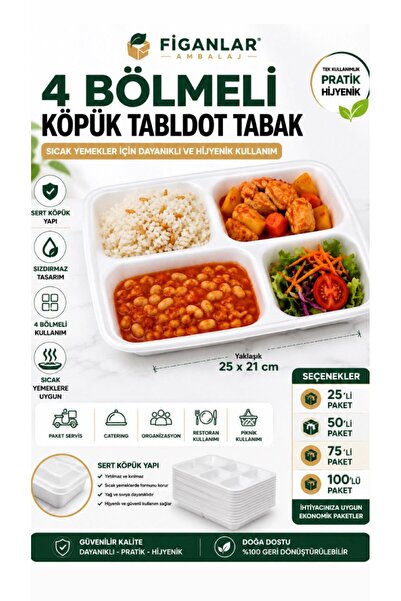 figanlar ambalaj 4 Bölmeli Köpük Tabldot Tabak 25’li Tek Kullanımlık Yemek Ta...