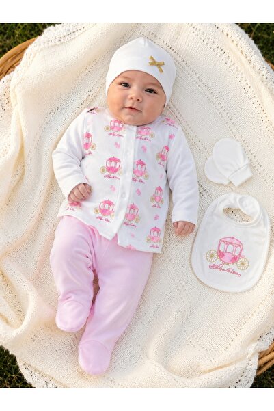 Pure Boutique Set bebe 5 piese roz din bumbac cu trasura printesa pentru feti...