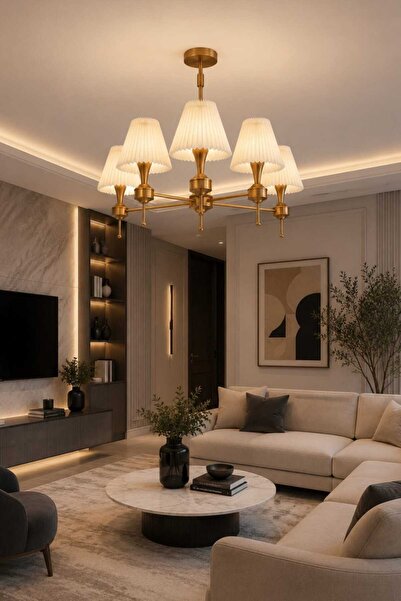 BSA LIGHTING DİLA 5'li ESKİTME MODERN AVİZE ( PİLİSELİ KONİK KREM ABAJURLU)