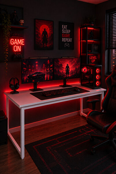 Flinder Beyaz Oyuncu Masası 60x140, Çalışma Masası, Bilgisayar Masası, Gamer ...