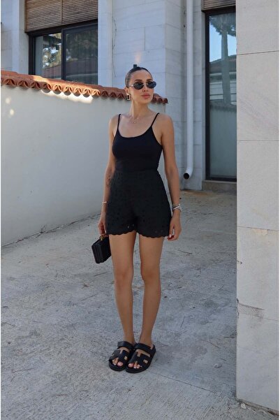Havoş Black Scallop Embroidered Mini Shorts
