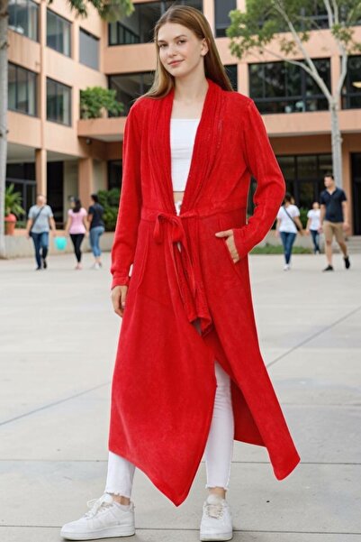 SHOPPEBUTİK Women's Shawl Collar Belted Long Pocketed Loose Cotton Knitwear C...
