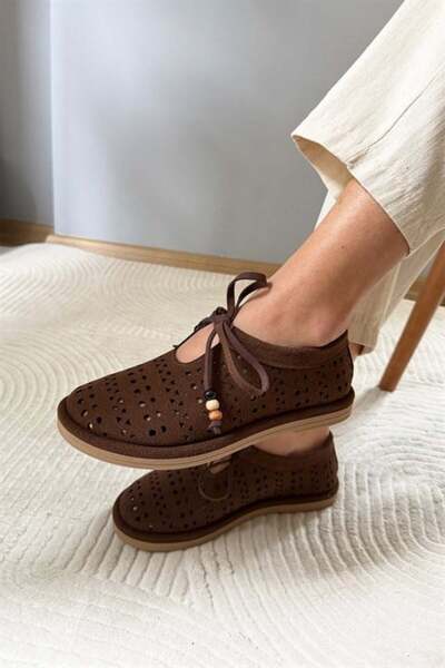 Difolia Women's Geoo Brown Genuine Leather Geometric Perforated Ballerinas wi...