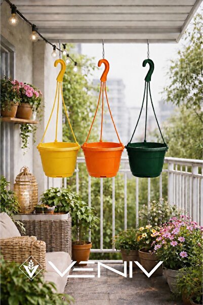 VENİV 3 Adet Askılı Dekoratif Saksı - Askılar Dahil- 18 cm x 12 cm