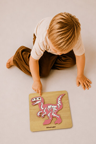 Store Ahşap Dinozor Puzzle Bul Tak Oyuncak Velociraptor İskelet 3+ Yaş Eğitic...