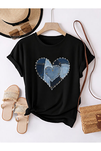 Trend Sizde Μπλουζάκι Unisex με στάμπα τύπου Denim και λαιμόκοψη Crew