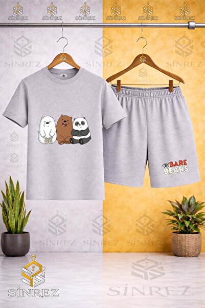 SİNREZ Crew Neck Pandas 3Lu Side by Side Printed T-Shirt - Shorts Set