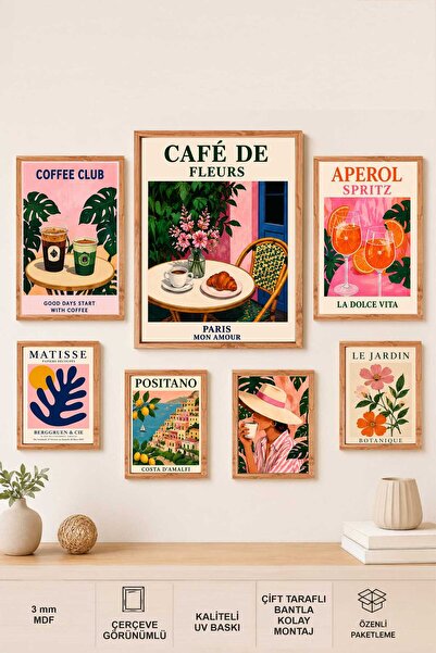 UNT Boho Kafe Temalı Çerçeve Görünümlü 7’li MDF Tablo Seti UV Baskı Duvar Dekoru
