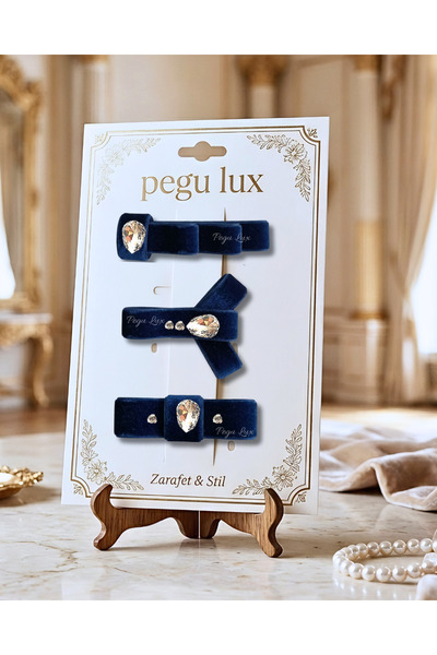 pegu baby collection Set de 3 agrafe de păr din catifea bleumarin, cu panglic...