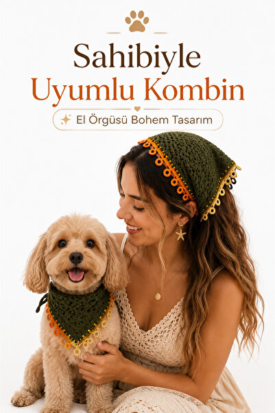 BOHEMÖRGÜ Dog Bandana Hand Knitted Tie-On Stylish Pet Neck Scarf Cat Dog Acce...