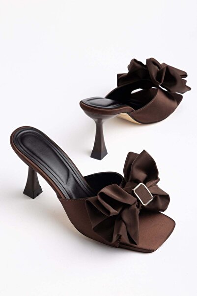 Dilimler Ayakkabı Women's Thin Heeled Slippers Brown Satin with Big Bow