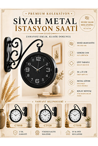 KOLAYEV Siyah Metal Çift Taraflı İstasyon Saati 36x25 Cm Sessiz Mekanizma Duv...