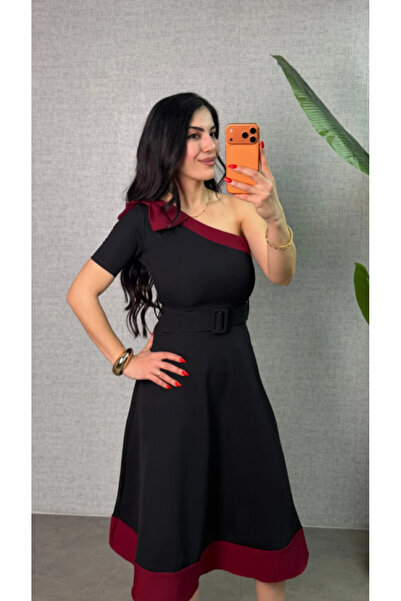 Efnaz style Women's One Shoulder Bow Detail Midi Length Dress