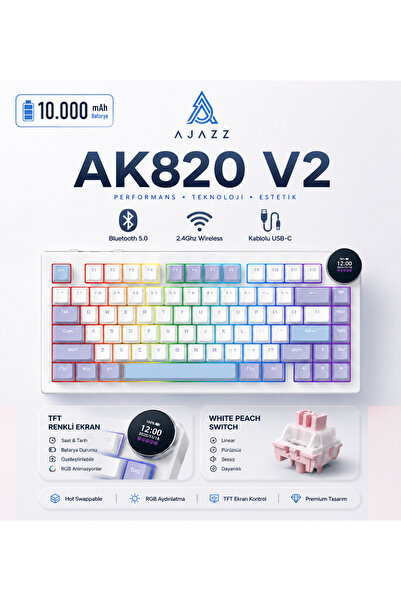 Ajazz Ak820 V2 Ekranlı, Kablosuz Mekanik Oyun Klavyesi-10.000 Mah Batarya