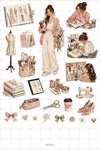 Mimu Art Studio Moda Öğrencisi Kız Sticker Seti Tasarım Atölyesi Temalı Dekor...