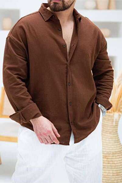 AURA GİYİM Erkek Petek Keten Oversize Rahat Kesim Uzun Kollu Yazlık Gömlek