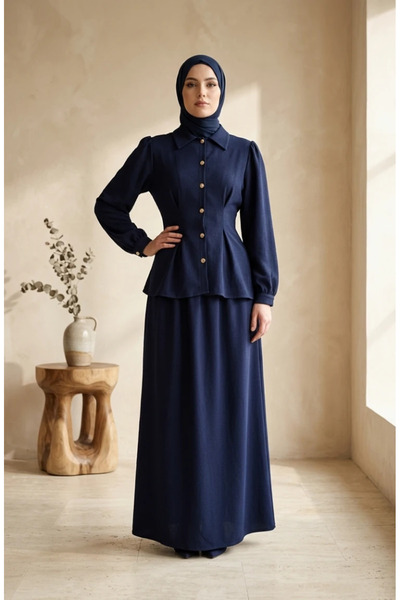sefamerve Linen Buttoned Tunic Skirt Double Set 0277-04 Navy Blue