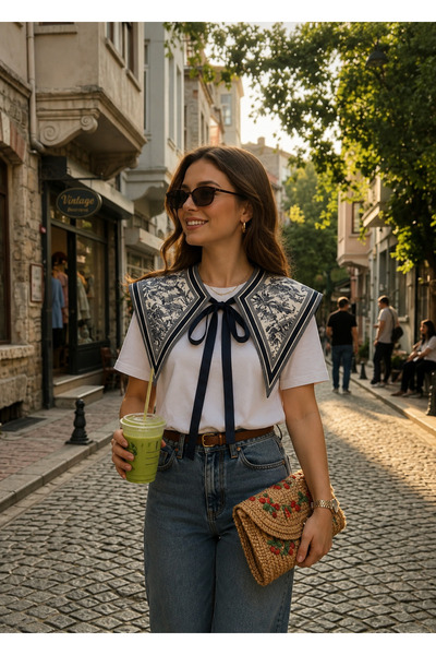 CYB STUDİO Dark Blue Patterned Shawl with Removable Collar