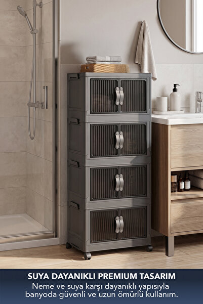 Lavine ”MEDIUM” 4 Katlı Portatif Dolap Organizer 30LT Çok Amaçlı Mıknatıs Kapaklı, Katlanır, Tekerlekli