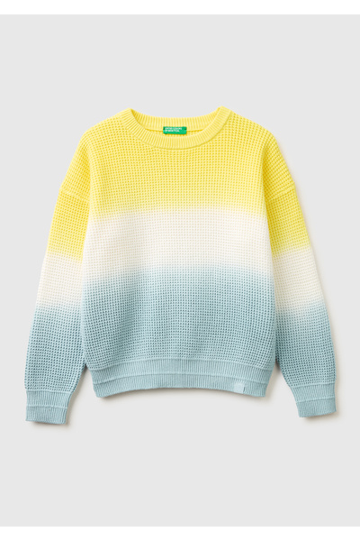 United Colors of Benetton Boys' Ice Blue Color Gradient Waffle Knit Round Nec...