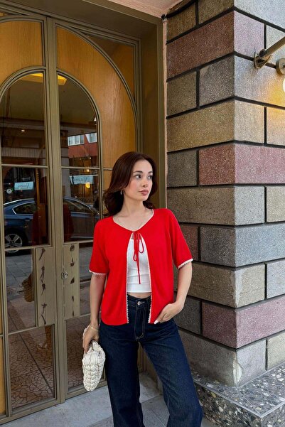 mylove Lace Ribbon Short Sleeve Knitwear Cardigan Red